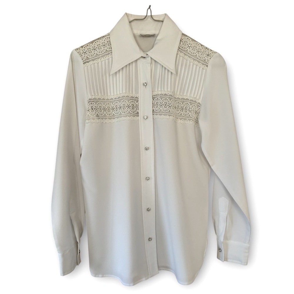 Vintage King James Ivory Victorian Crochet Lace Rhinestones Blouse Size Small